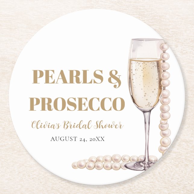 Elegantes Gold Perlen und Prosecco Brautparty Runder Pappuntersetzer (Vorderseite)