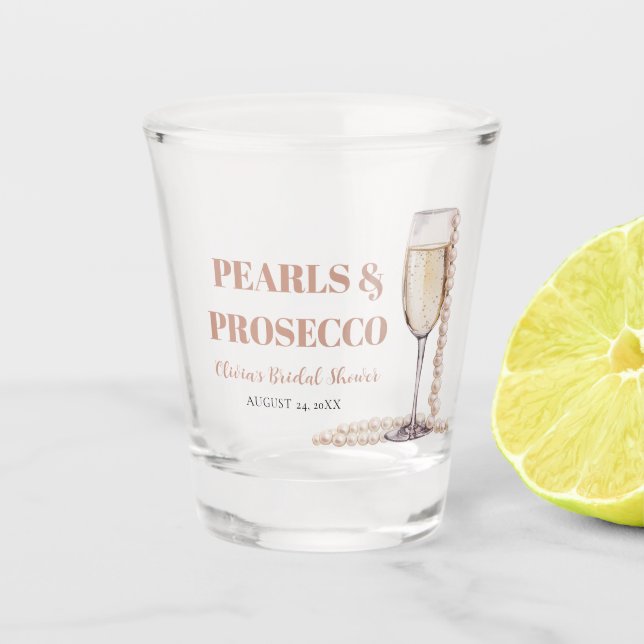Elegantes Gold Perlen und Prosecco Brautparty Schnapsglas (Vorderseite)