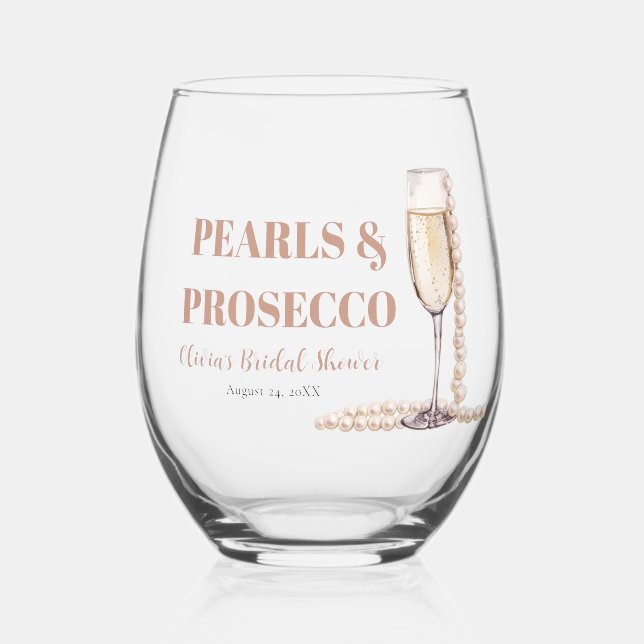 Elegantes Gold Perlen und Prosecco Brautparty Weinglas Ohne Stiel (Vorderseite)