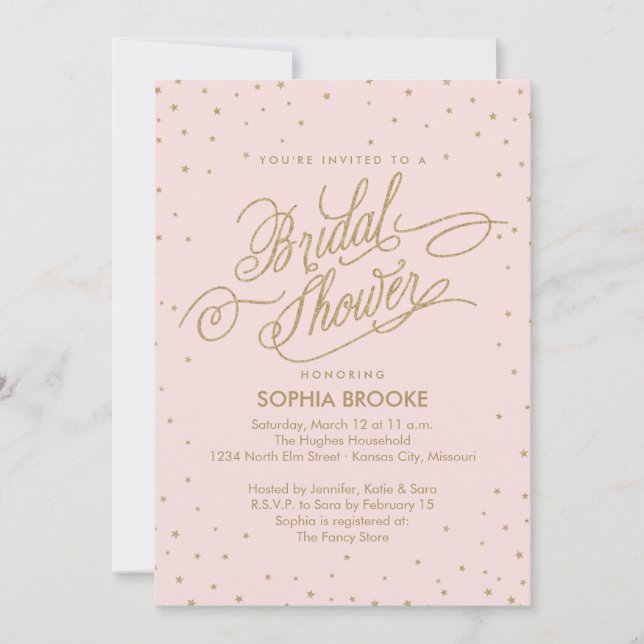 Elegantes Gold & Pink Confetti Star Brautparty Einladung (Vorderseite)