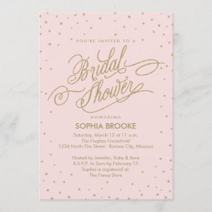 Elegantes Gold & Pink Confetti Star Brautparty Einladung