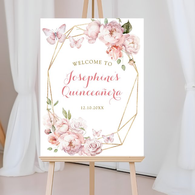 Elegantes Gold Pink Floral Mis Quince Begrüßungsze Poster (Von Creator hochgeladen)