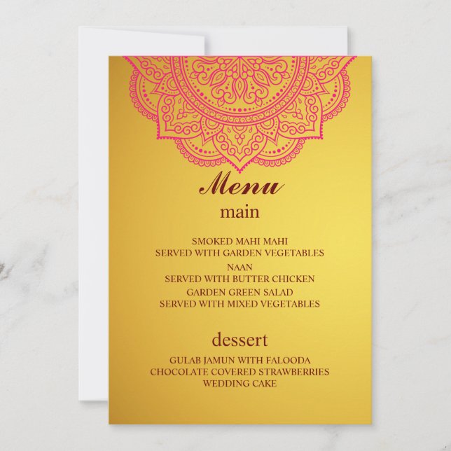 Elegantes Gold Pink Indian Hindu Wedding Menü Einladung (Vorderseite)
