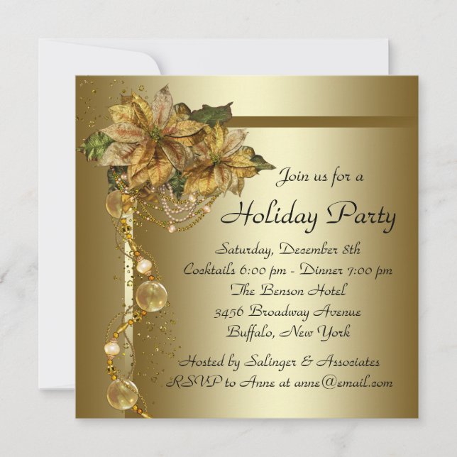 Elegantes Gold Poinsettia Schwarzes Gold Weihnacht Einladung (Vorderseite)