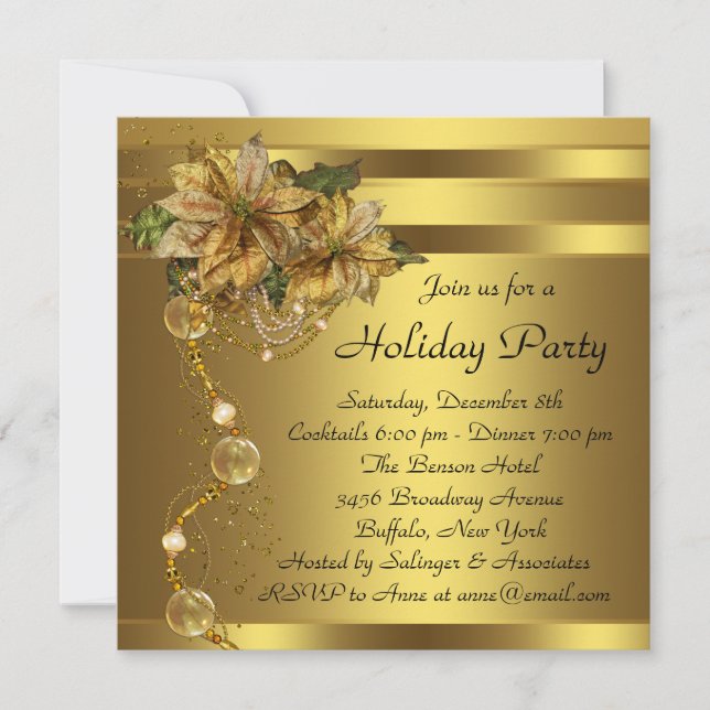Elegantes Gold Poinsettia Schwarzes Gold Weihnacht Einladung (Vorderseite)
