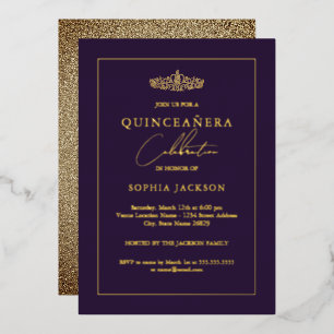 Elegantes Gold Purpur Quinceanera 15. Folieneinladung