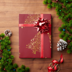 Elegantes Gold & Red Christmas Tree Muster Geschenkpapier