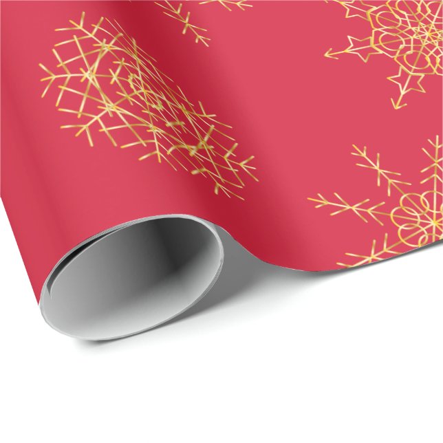 Elegantes Gold Red Handrawn Snowflake Wrapping Pap Geschenkpapier (Rolleneckpunkt)