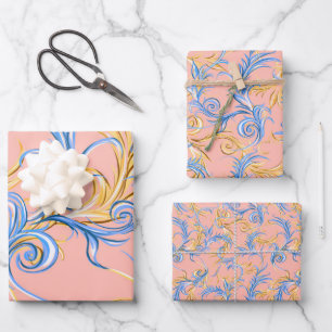 Elegantes Gold Rosa Blau Arabesque Muster Swirl Geschenkpapier Set