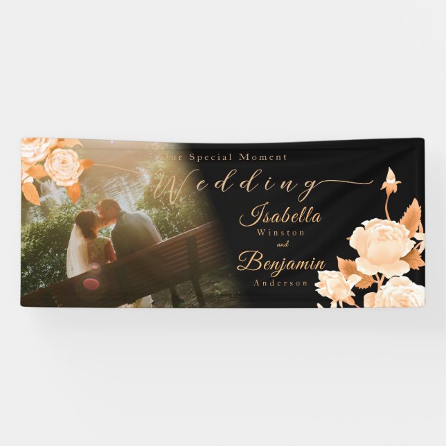 Elegantes Gold Rose Black Wedding Banner (Horizontal)