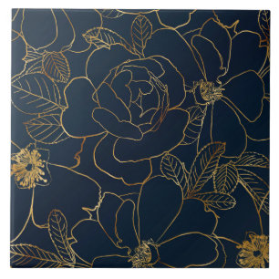 Elegantes Gold Rose Blumenmuster Zeichnend blaues  Fliese