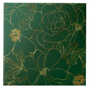 Elegantes Gold Rose Blumenmuster Zeichnend Grünes Fliese