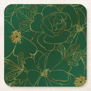Elegantes Gold Rose Blumenmuster Zeichnend Grünes Rechteckiger Pappuntersetzer