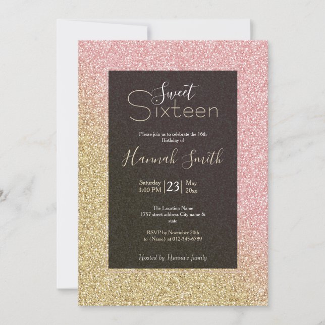 Elegantes Gold & Rose Gold Glitzer Glitzern Einladung (Vorderseite)