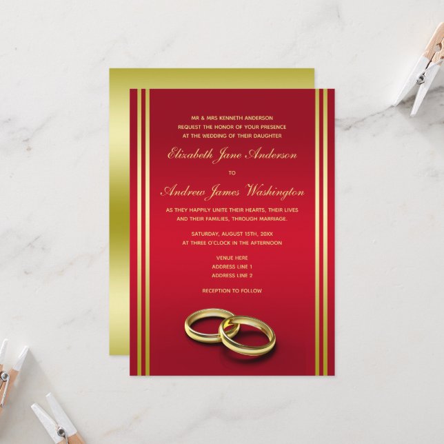 Elegantes Gold & Rot, Hochzeiten Einladung (Vorderseite/Rückseite Beispiel)