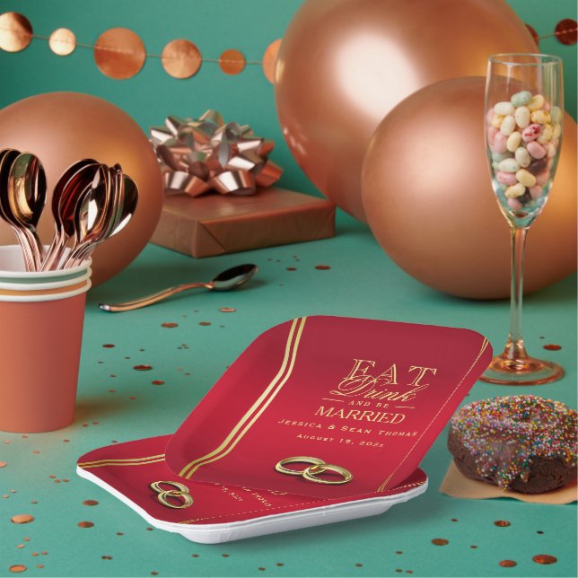 Elegantes Gold & Rot, Hochzeiten Pappteller (Multi)