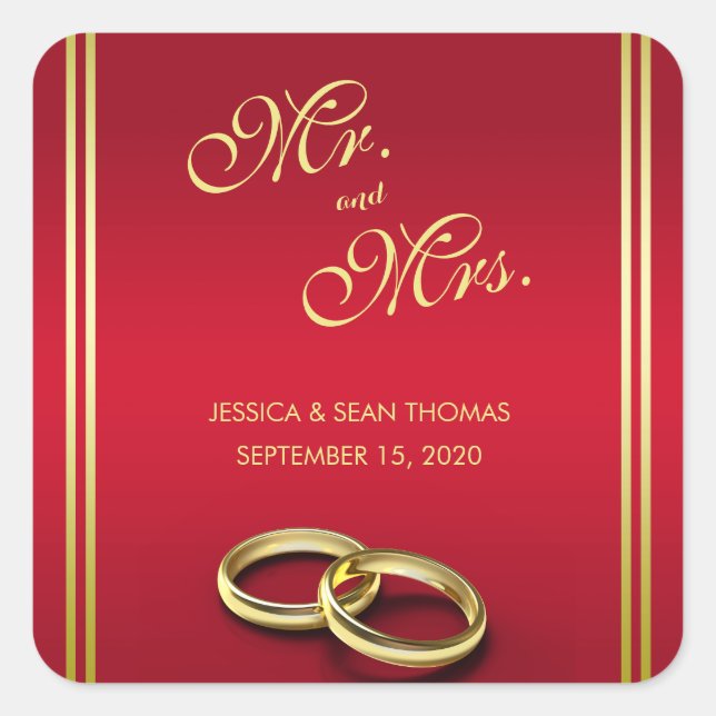 Elegantes Gold & Rot, Hochzeiten Quadratischer Aufkleber (Vorderseite)
