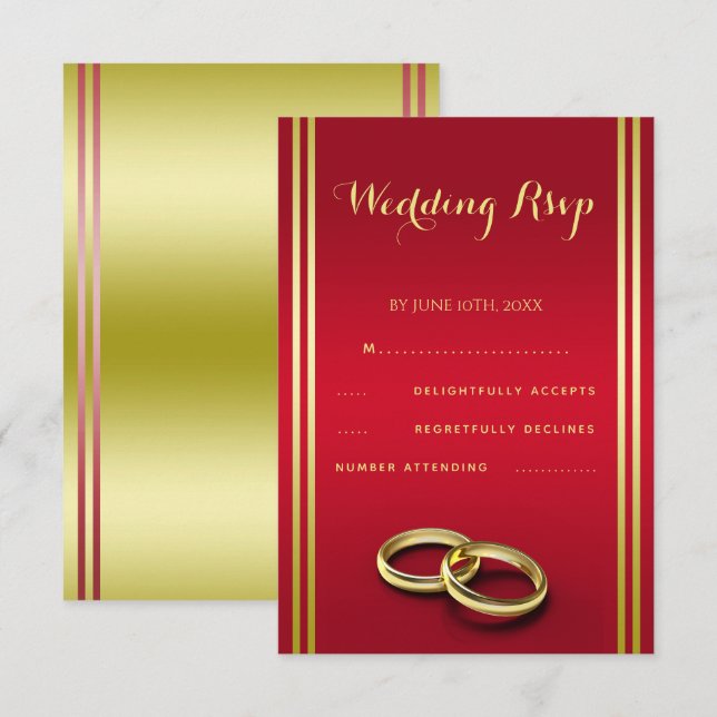 Elegantes Gold & Rot, Hochzeiten RSVP Karte (Vorne/Hinten)