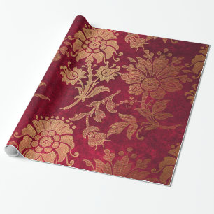 Elegantes gold-rotes königliches Damast-Blumenmust Geschenkpapier