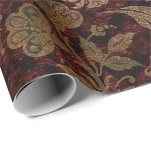 Elegantes gold-rotes königliches Damast-Blumenmust Geschenkpapier