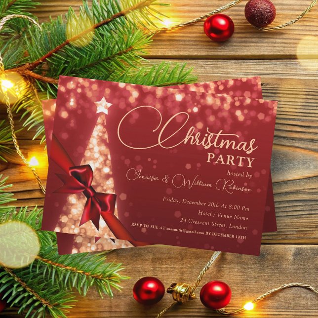 Elegantes Gold schimmerndes Weihnachtsbaum Grün Einladung (Elegant Gold Shimmering Xmas Tree Holiday Green Invitation)