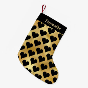 Elegantes Gold Schwarz Herzen Personalisiert Kleiner Weihnachtsstrumpf