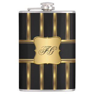Elegantes Gold-Schwarz-Metall-Look Monogramm Name Flachmann
