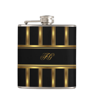 Elegantes Gold-Schwarz-Metall-Look Monogramm Name Flachmann