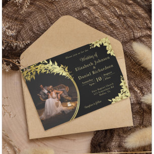 Elegantes Gold, Schwarz mit Lilies Foto Hochzeit Einladung