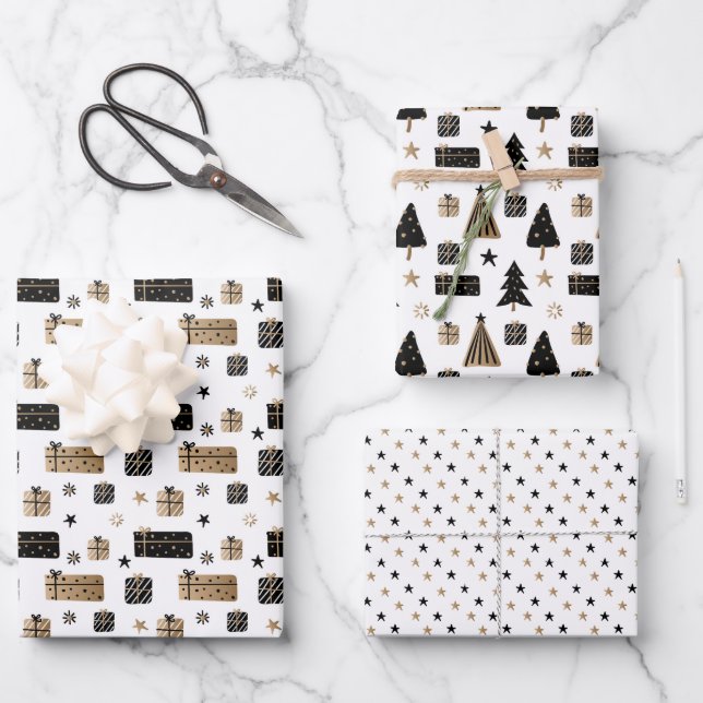Elegantes Gold, Schwarz und Weiß Moderne Weihnacht Geschenkpapier Set (Vorderseite)