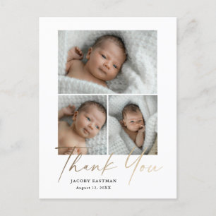 Elegantes Gold Script 3 Foto Baby Vielen Dank Postkarte