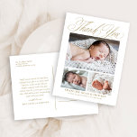 Elegantes Gold Script 3 Foto Baby Vielen Dank Postkarte<br><div class="desc">Das elegante Gold Script 3 Foto Baby Dankeschön Postcard verfügt über drei Fotos des neuen Babys,  eine elegante Skriptkalligraphie und alle Statistiken des Babys. Auf der Rückseite ist viel Platz für Sie,  als Sie bemerken.</div>