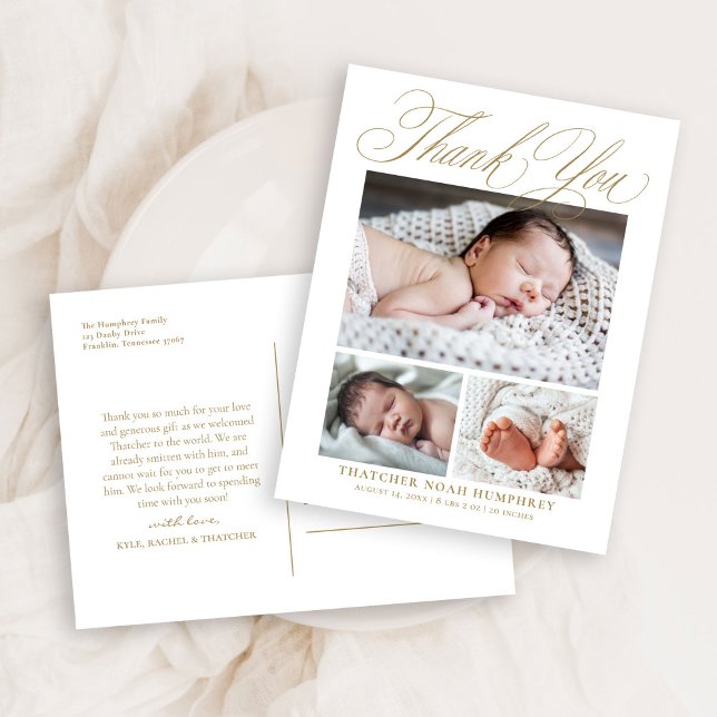 Elegantes Gold Script 3 Foto Baby Vielen Dank Postkarte (Von Creator hochgeladen)