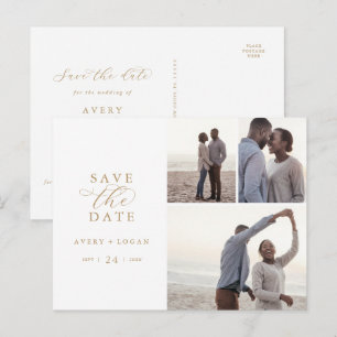 Elegantes Gold Script 3 Foto Collage Save the Date Einladungspostkarte