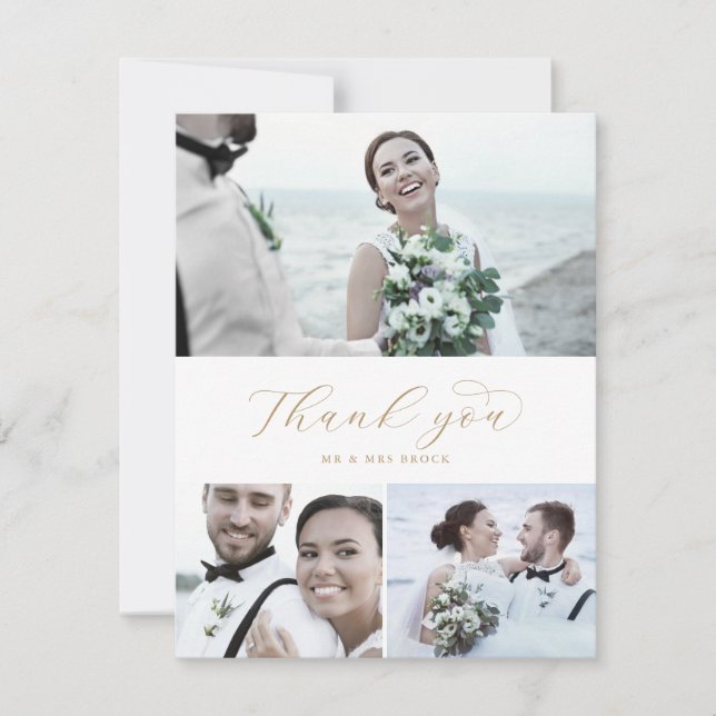 Elegantes Gold Script 3 Foto Collage Wedding Dankeskarte (Vorderseite)