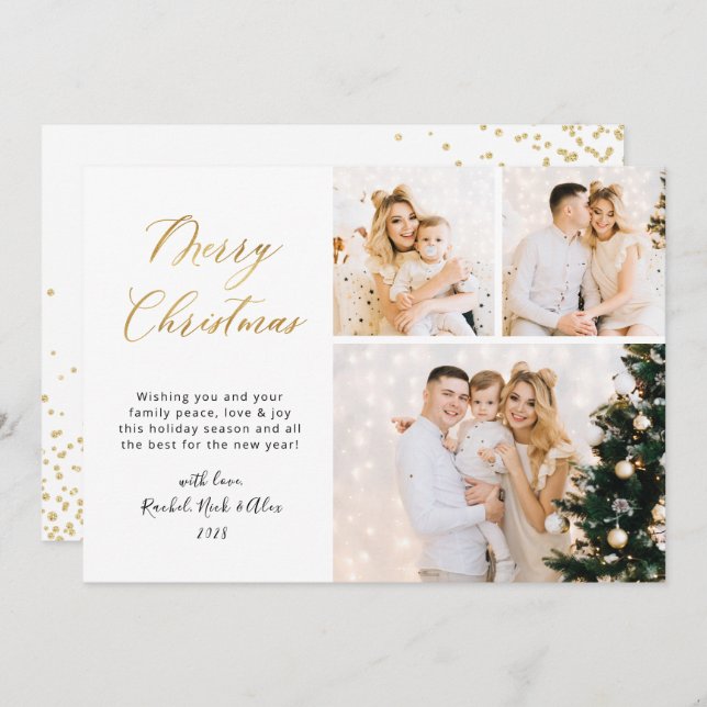 Elegantes Gold Script 3 Multi-Foto Weihnachten (Vorne/Hinten)