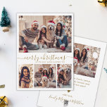 Elegantes Gold Script 4 Foto Collage Weihnachten<br><div class="desc">Minimalistische, elegante Kalligraphie 4 FotoCollage "Frohe Weihnachten" Script White and Gold Holiday Card. Dieses festliche, einfache, skurrile vier (4) Foto-Urlaubskarten-Template verfügt über eine hübsche Foto-Collage und sagt "Frohe Weihnachten"! Der "Frohe Weihnachten"-Grußtext ist in einer schönen Hand geschrieben Wirble Swash-Schwanz-Schriftart-Typ in Gold auf weißem Hintergrund. Auf der Rückseite mit Ihrer Grußbotschaft...</div>