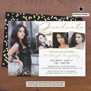 Elegantes Gold Script 4 Foto Graduate Schwarz-weiß Einladung