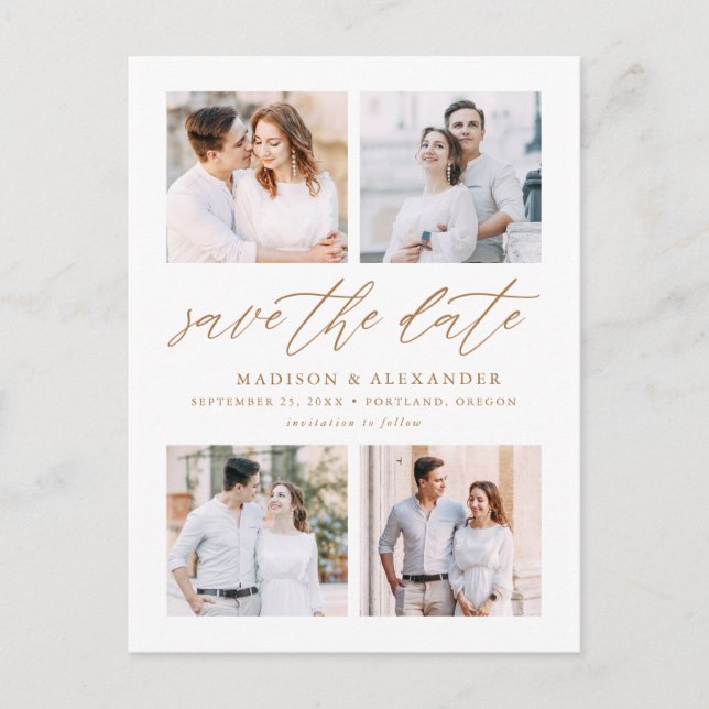 Elegantes Gold Script 4 FotoCollage Save the Date Ankündigungspostkarte (Vorderseite)