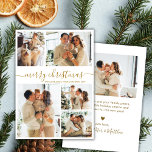 Elegantes Gold Script 5 Foto Collage Weihnachten<br><div class="desc">Moderne Elegante einfache Kalligrafie Gold Script 5 Foto Collage Frohe Weihnachtskarte. Dieses festliche, minimalistische, fünf (5) Foto Feiertage Grußkarte Vorlage zeigt eine hübsche Gitter Foto Collage und sagt "Frohe Weihnachten"! Der Grußtext "Frohe Weihnachten" ist in einer wunderschönen Wirblen Hand geschrieben, die Schwanz-Schriftart-Typografie oder Kalligraphie-Schrift in Gold auf weißem Hintergrund geschrieben...</div>
