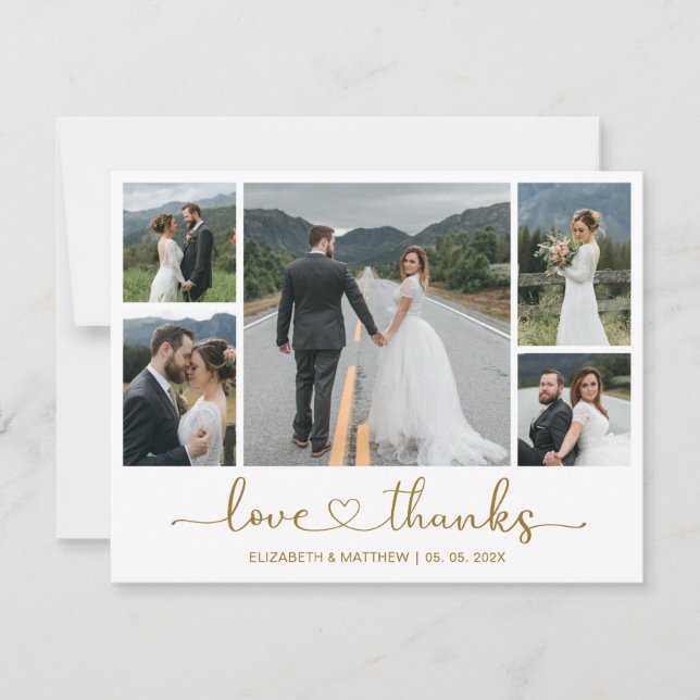Elegantes Gold Script 5 Foto Hochzeit Vielen Dank Dankeskarte (Vorderseite)