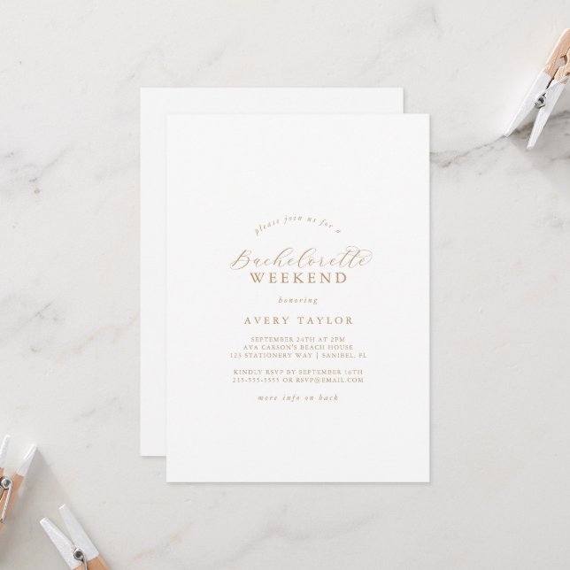 Elegantes Gold Script Bachelorette Weekend Einladung (Vorderseite/Rückseite Beispiel)