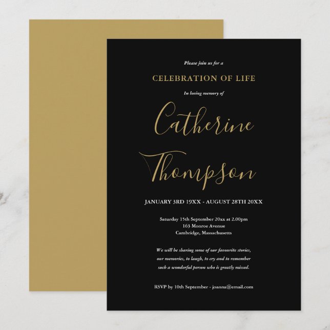 Elegantes Gold-Script-Beerdigung Einladung (Vorne/Hinten)