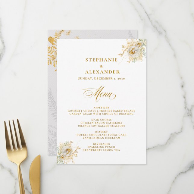 Elegantes Gold Script Blumenmenü Menükarte (Vorderseite/Rückseite Beispiel)