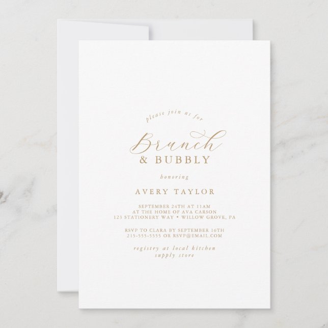 Elegantes Gold Script Brunch & Bubbly Brautparty Einladung (Vorderseite)