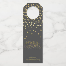 Elegantes Gold Script & Confetti Schwarzes Weihnac Flaschenanhänger