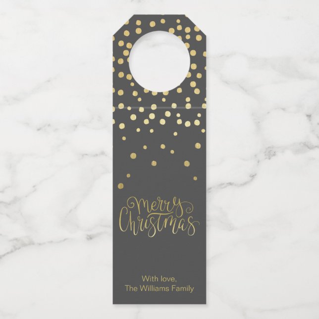 Elegantes Gold Script & Confetti Schwarzes Weihnac Flaschenanhänger (Vorderseite)