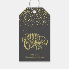 Elegantes Gold Script & Confetti Schwarzes Weihnac Geschenkanhänger