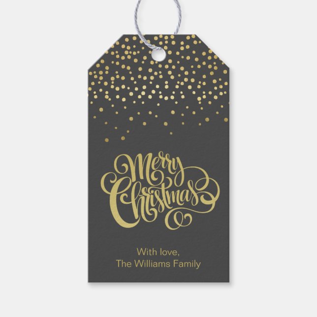 Elegantes Gold Script & Confetti Schwarzes Weihnac Geschenkanhänger (Vorderseite)