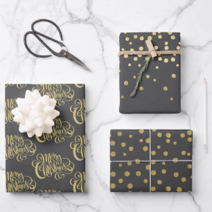 Elegantes Gold Script & Confetti Schwarzes Weihnac Geschenkpapier Set